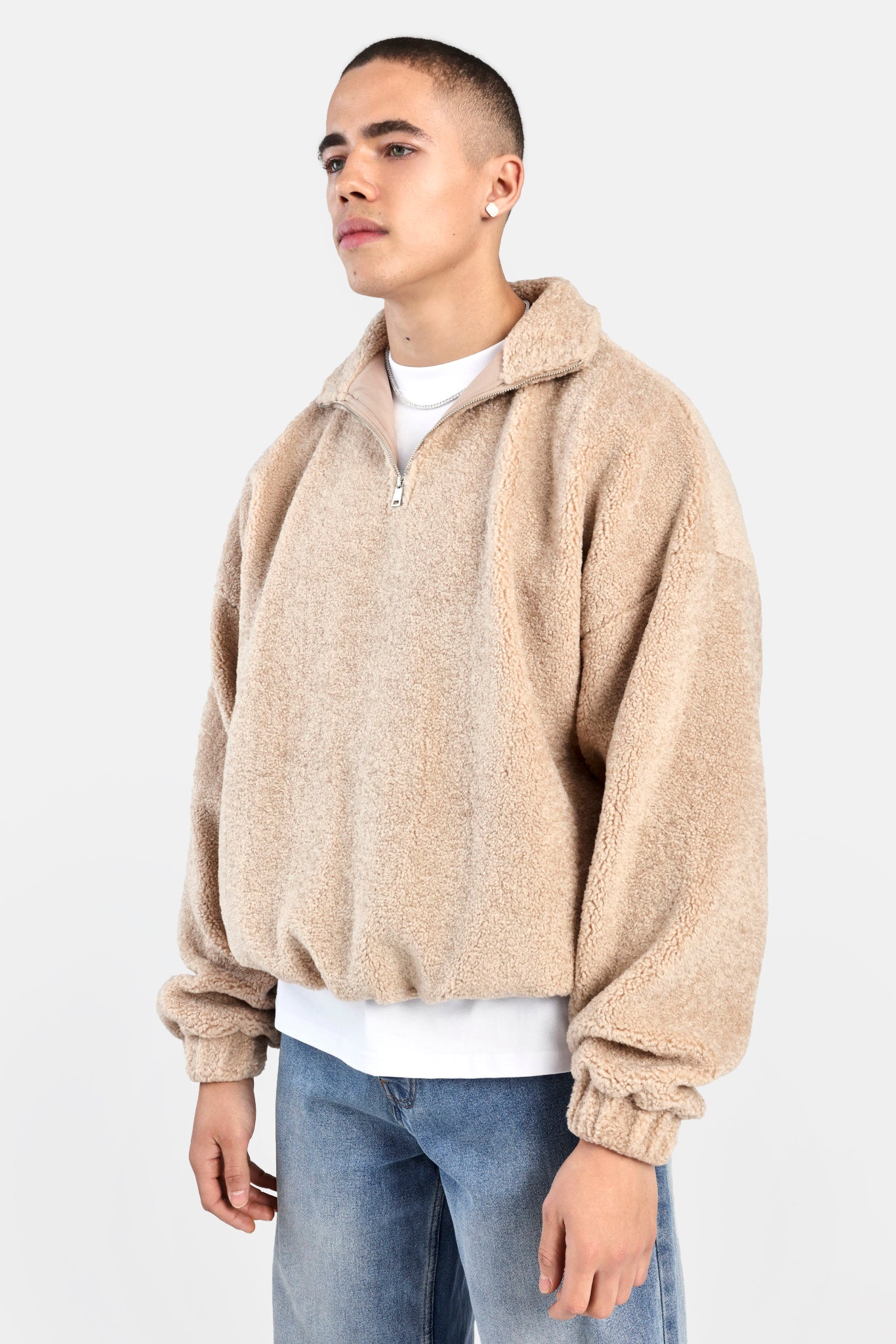 Borg Sweatshirt mit halbem Reißverschluss – Stein